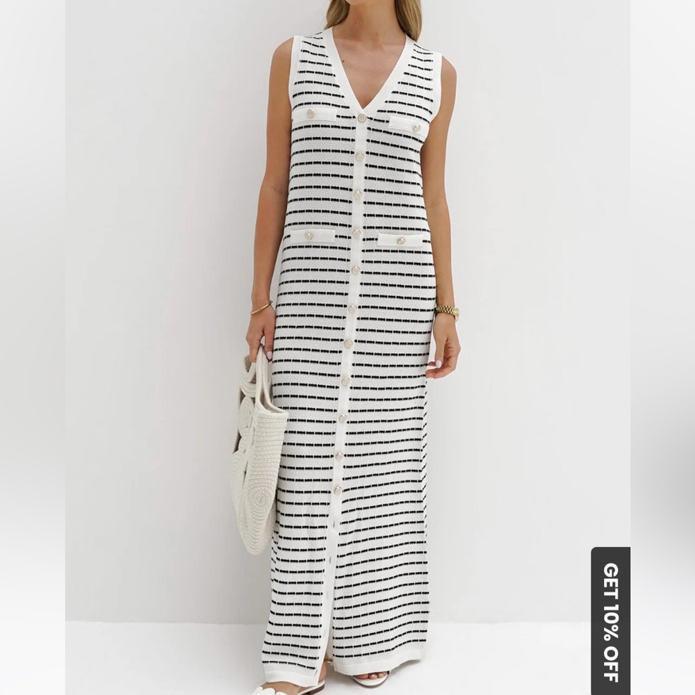 Striped Metal Button Long Dress, white with navy stripes-  Gorgeous dress!!